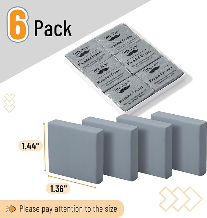 Mr. Pen- Kneaded Erasers, 1.44" x 1.36", 6 Pack, Gray, Soft Moldable Art Erasers for Charcoal, Graphite & Pastel Drawing, Precision Highlighting, Smudge Control, Easy Shaping for Artists & Students