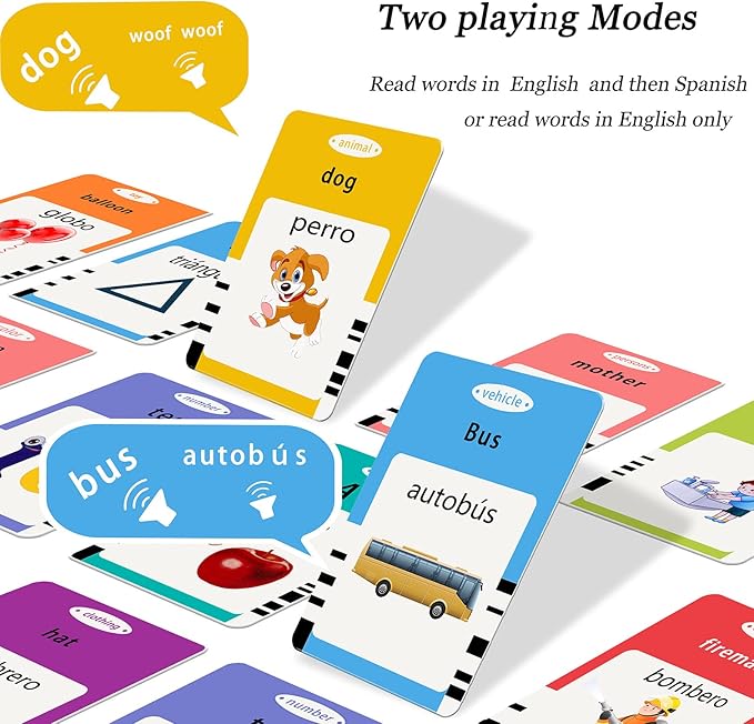 Startcan Spanish & English Talking Flash Cards for Toddlers 1 2 3 4 5 6, Audible Toys for Kids to Learn Spanish - 258 Cards and 516 Words(Blue)