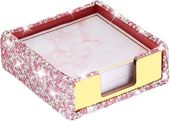 Buqoo Pink Sticky Note Holder, Bling Crystal Rhinestone Self Stick Note Pad Holder Dispenser for School Home Office Desk Accessories Supplies