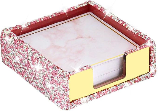 Buqoo Pink Sticky Note Holder, Bling Crystal Rhinestone Self Stick Note Pad Holder Dispenser for School Home Office Desk Accessories Supplies