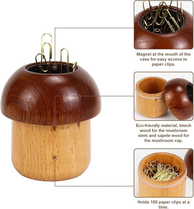 MultiBey Magnetic Mushroom Paper Clip Holder –Wooden Paperclip Holders for Desk with 100pcs 1.1in Gold Paperclips, Cute Paper Clip Dispenser for School,Home,Office