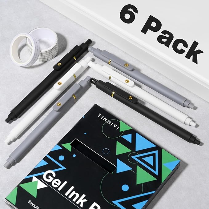Gel Pens, 6 Pack 0.5mm Fine Point Pen Black Ink with 6 Refills, Quick Dry & No Smear, Smooth Writing Pens for Journaling, Back to School Supplies Office Desk Accessories Gifts for Nurse Women