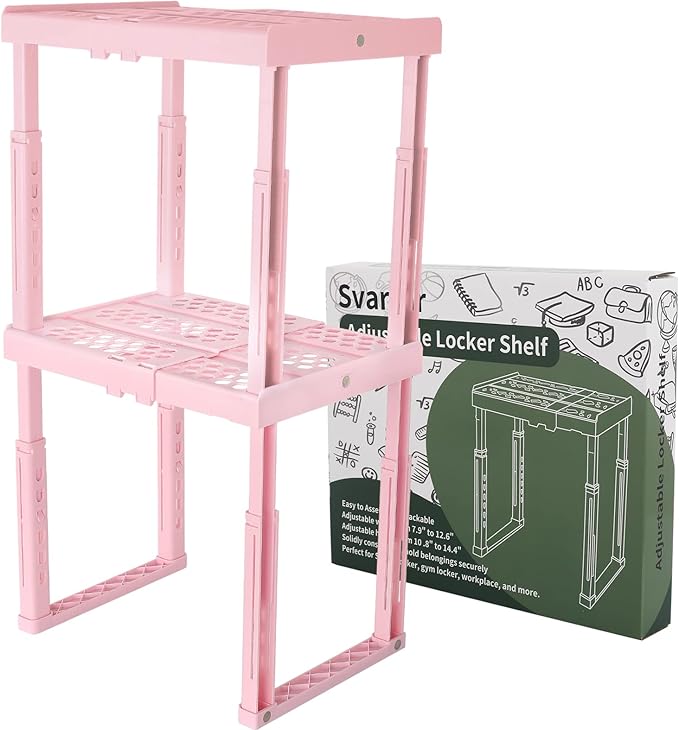 Svartur Locker Shelf Adjustable Height and Width, Pink Locker Organizer for Work, Locker Shelves Stack-able Stand Tools for Gym Locker, Back to School Accessories, Pack of 2