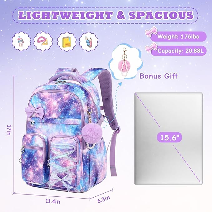 MOONBABY Kids Backpack for Girls, Fits 15.6 Inch Laptop Large Capacity School Bookbag, Girls Backpack with Lovely Pendant, Back to School Bag for Elementary Primary Students Teen Ages 6-12, Purple