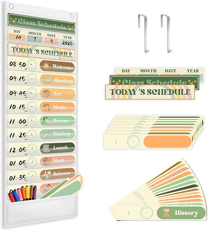 AKAYOK Daily Schedule Pocket Chart, 13+1 Pocket Visual Schedule for Kids, Includes 24 Reusable Dry-Erase Cards, Daily Planner with Hourly Schedule for Classroom, Office, Home, School Activities