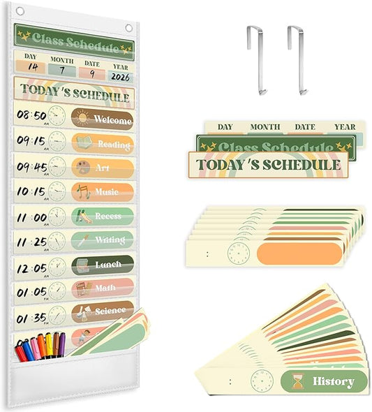 AKAYOK Daily Schedule Pocket Chart, 13+1 Pocket Visual Schedule for Kids, Includes 24 Reusable Dry-Erase Cards, Daily Planner with Hourly Schedule for Classroom, Office, Home, School Activities