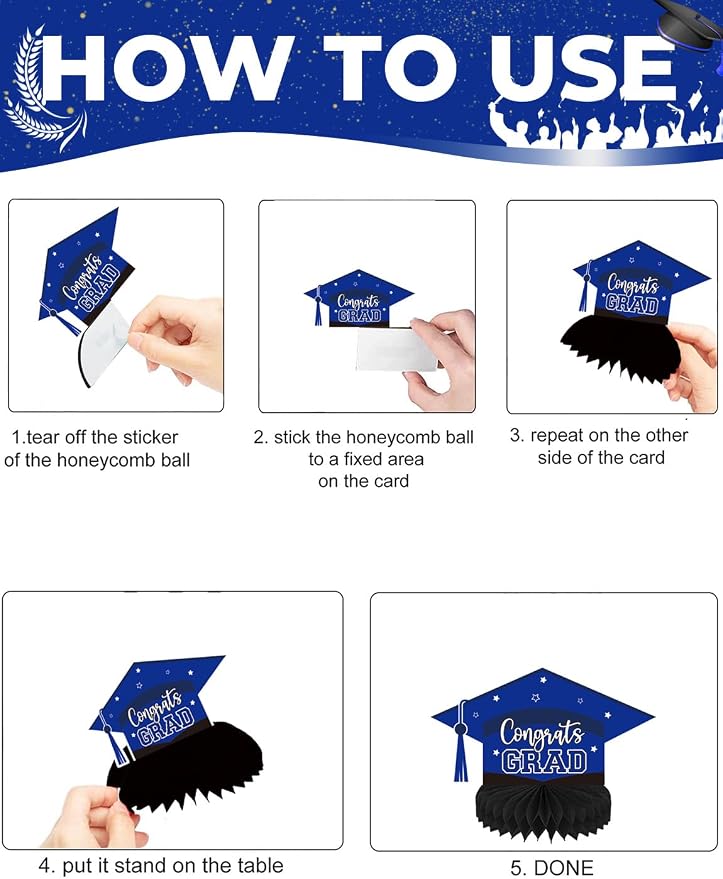 9Pcs Graduation Table Decorations - Blue and Black Graduation Centerpieces for Tables Congrats Grad Honeycomb Centerpieces Congratulate Table Toppers Grad Party Decorations, Class of 2026 Decor