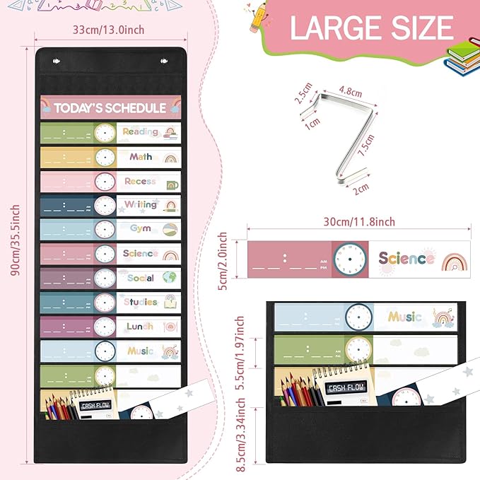 Ctosree 32 Pcs Daily Schedule Pocket Chart Rainbow Pocket Charts Classroom Pocket Chart Schedule 13+1 Pocket Kids Schedule Charts Teaching Scheduling Pocket Charts with Cards for School Classroom
