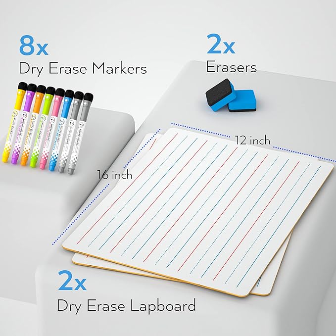 Nicpro Dry Erase Board with Lines 12 x 16 in, 2 Pack Kid Double Sided Lined White Board Dry Erase with 8 Pens, 2 Eraser, Small Learning Whiteboards for Kids, Students, Homeschool Essentials Supplies