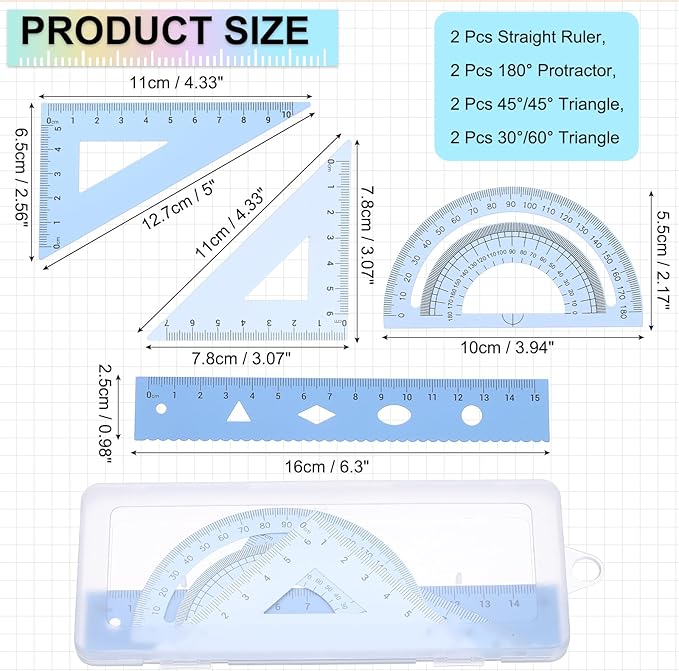 PATIKIL Geometry Set, 2 Pack 6 Inch Aluminum Ruler & 4 Triangles, Metal Protractor Ruler Math Drafting Measuring Tool for Home Office Math Drawing Engineering Art,Gradient Blue