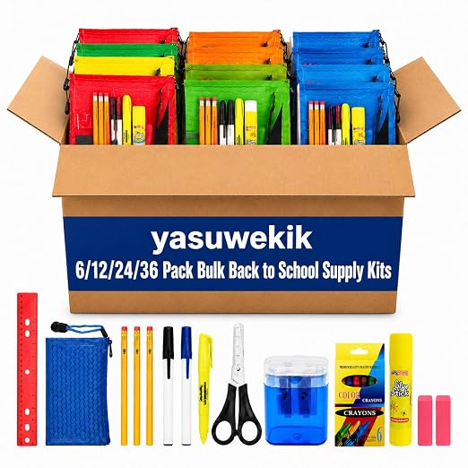 6 Pack Back to School Supplies Bundle Kit, Individually Packed School Supply Sets with Pens, Pencils, Crayons, Scissors & Glue Stick for Christmas Shoebox Donations and Classroom Use