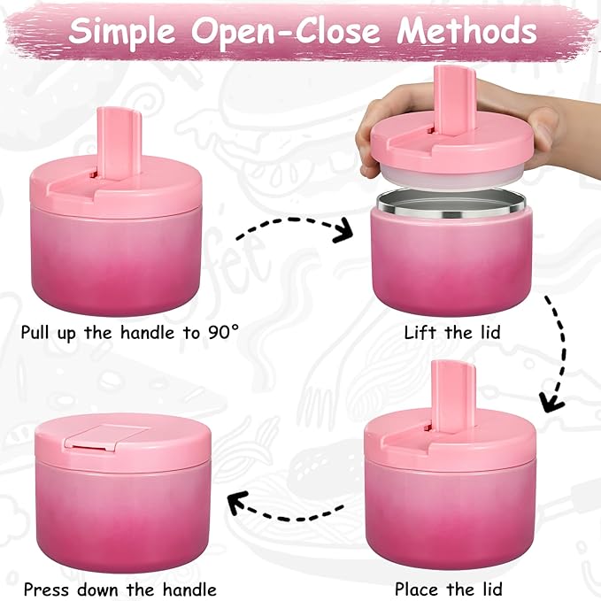 Pawtong 12oz Insulated Vacuum Food Jar with Buckle Lid Wide Mouth Soup Thermo for Hot Food Kids Leakproof Stainless Steel Lunch Container (Gradient Pink, 12OZ)