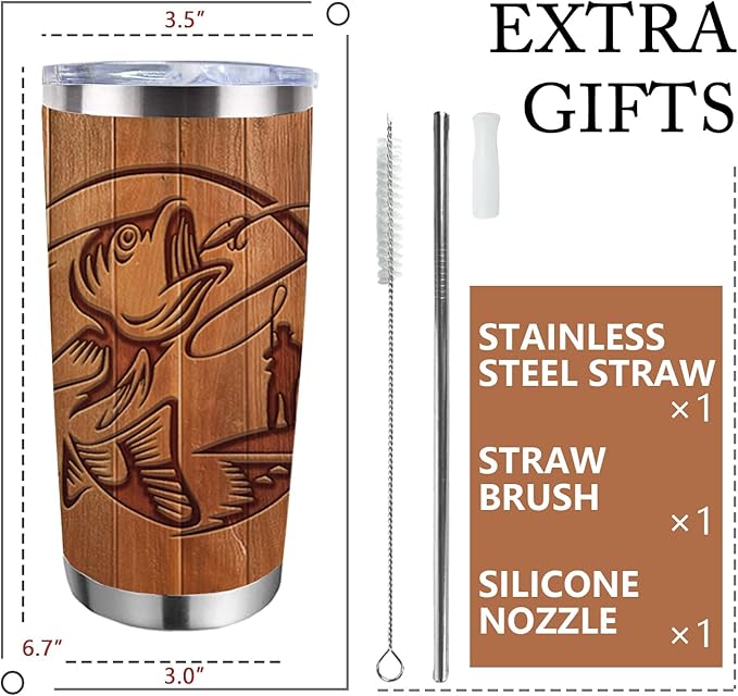 Fishing Gifts for Men Grandpa - Tumbler with Lid and Straw, Funny Fishing Lover Gifts, American Flag Wood Grain Stainless Steel Travel Coffee Cup, 20oz Double Wall Vacuum Insulated Mug
