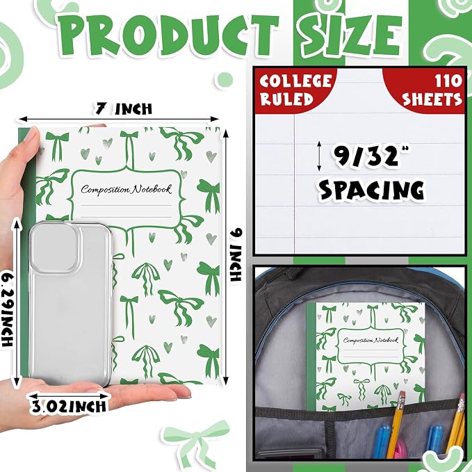 Fullhawl 6 Pack Composition Notebook College Ruled Bulk Green Bow Composition Notebook Preppy Aesthetic for Back to School Supplies 110 Pages 9-3/4 x 7-1/2" Cute Journal for First Day of School Office