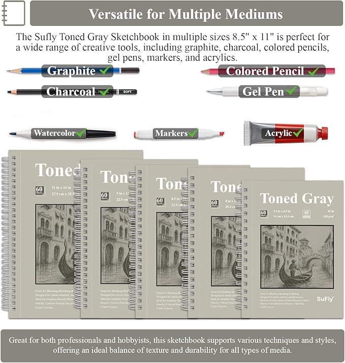 SuFly Toned Gray Sketchbook 8.5" x 11" - 60 Sheets Spiral Bound Artist Drawing Pad, 85lb/130gsm Toned Gray Paper for Graphite, Charcoal, Colored Pencils and Gel Pens.