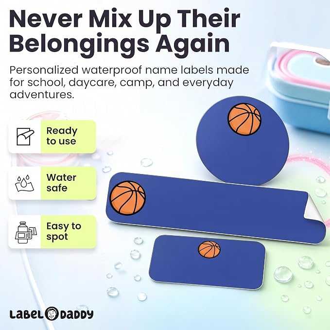 Label Daddy Personalized Name Labels for School, Basketball Design | Waterproof Name Tags for Kids, Washable Daycare Labels, Clothing, Lunch Boxes, Water Bottles and More, 128 Ct
