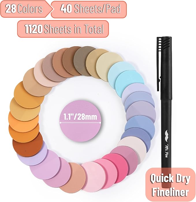 Mr. Pen- Round Transparent Sticky Notes, 1.1” Diameter, 28 Pads, 1120 Sheets, Colorful, Water-Resistant See-Through Sticky Notes Bulk & Fineliner, Smooth Writing, Note Tabs for Bible Journaling