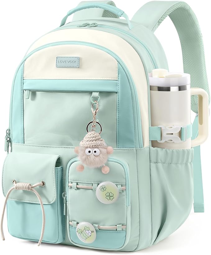 LOVEVOOK School Backpack for Girls Ages 8-16，Cute Student Bookbag for Teen Girls Kids Back to School with Cup Holder, DIY Ita Bag Fit 15.6 Inch Laptop for Elementary & Middle School