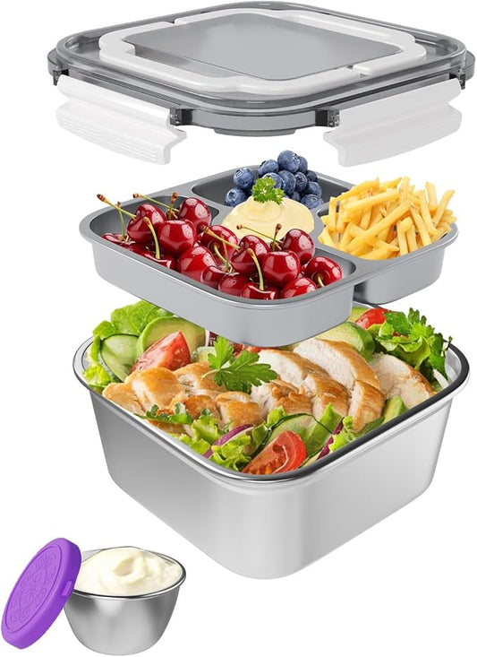 Salad Container for Lunch Large-60-oz,3 Compartment Bento-Style Tray and 1.5-oz Salad Dressings Container,Stainless Steel Food Containers with Lids, Lunch Box, Bento Box（White）