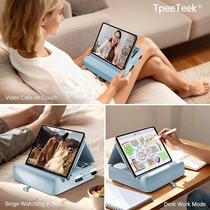 Tablet Pillow Stand with Storage, Foldable iPad Holder for Lep, Bed, Sofa, and Desk - Soft Pad Dock with Pocket and Stylus Mount Compatible with 4-13" iPad Pro/Air/Mini, Galaxy Tab, Kindle