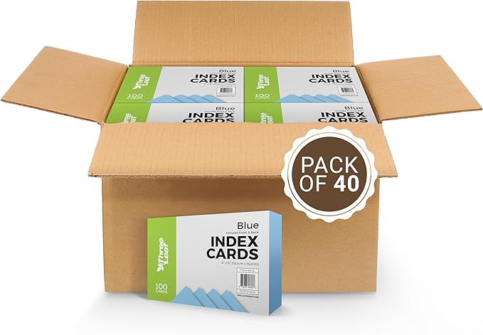 THREE LEAF 4 X 6, Index Cards UNRULED, 4000 CT. (100 x 40) Blue, Blank Flash Cards, Study Card, Memo Pad, for to-Do List, Art and Craft Projects