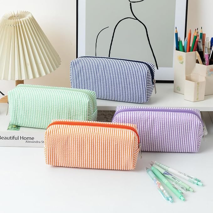 Seersucker Striped Pencil Bag, Large Capacity Stationery Pouch | Preppy Aesthetic Multifunctional Design That Doubles as a Cosmetic Makeup Pouch or Travel Storage Bag