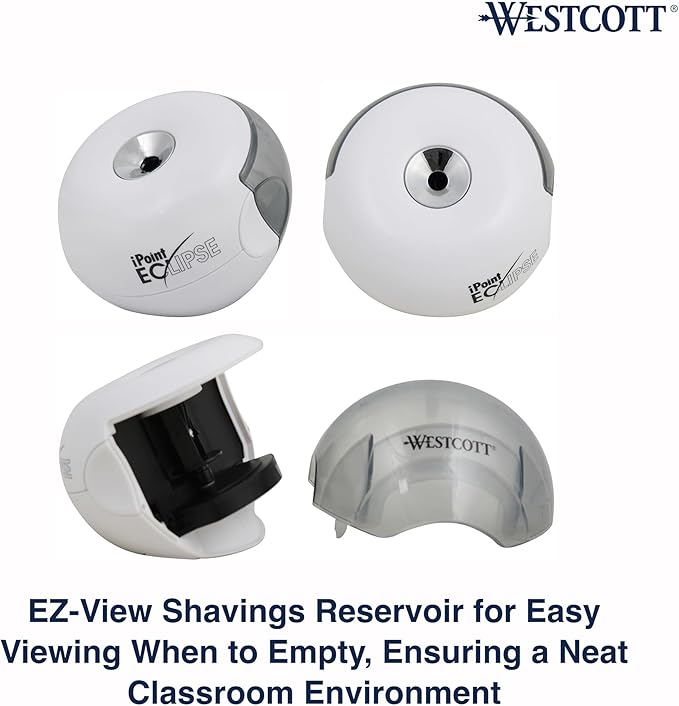 Westcott iPoint Eclipse Battery Pencil Sharpener, Unique Two-Blade Technology, EZ-View Reservoir, Requires 4 AA Batteries, White, for Home, Small Office, Classroom, Back to School, School Supplies