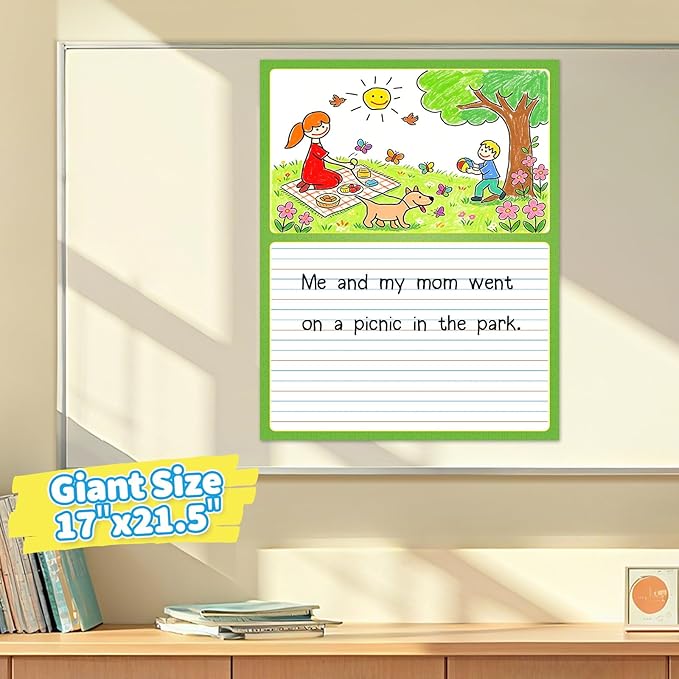 Giant Magnetic Draw & Write Journal Chart for Kids, Dry Erase Writing Paper with Picture Space Primary Composition Handwriting Practice, Pre K Kindergarten First Grade Classroom Must Haves