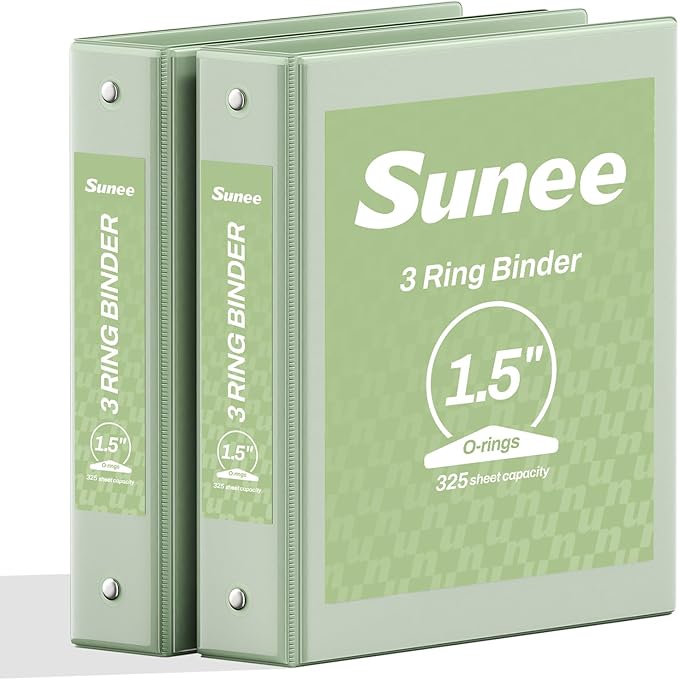 SUNEE 3 Ring Binder 1.5 Inch 2 Pack, Clear View Binder Three Ring PVC-Free (Fit 8.5x11 Inches) for School or Office Supplies, Sage Green