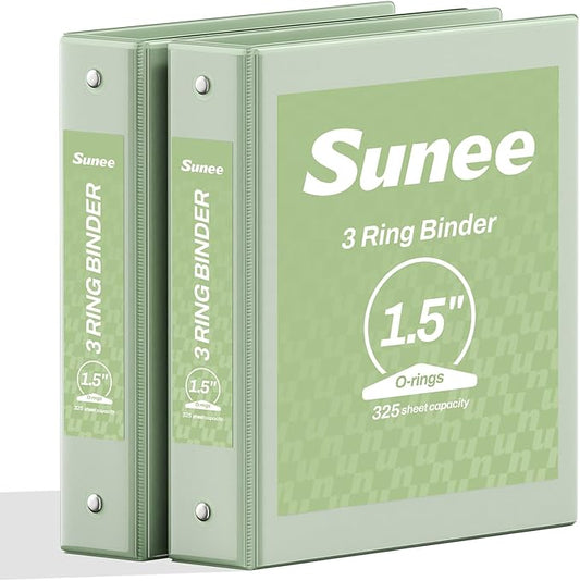 SUNEE 3 Ring Binder 1.5 Inch 2 Pack, Clear View Binder Three Ring PVC-Free (Fit 8.5x11 Inches) for School or Office Supplies, Sage Green