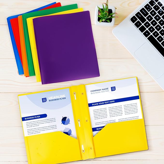 72-Pack Plastic Folders with Pockets and Prongs,2-Pocket Folders with 3 Fasteners, Holds 8-1/2" x 11" Paper for School/Office/Home, Yellow