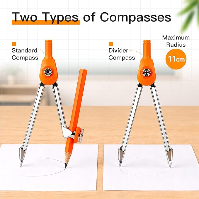 YPLUS Geometry Set for Students, Math Protractor Compass, Box of Protactors Kit for Class Supplies and School Kids Toddler - 11 Pcs