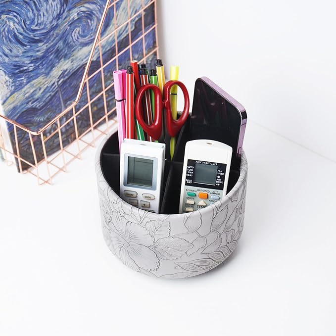 Round Leather Art Supply Organizer,Remote Control Holder,360 Degree Spinning,Multi-Functional Pencil Holder,4 Compartments Desktop Stationary Organizer(1-Carved Grey)