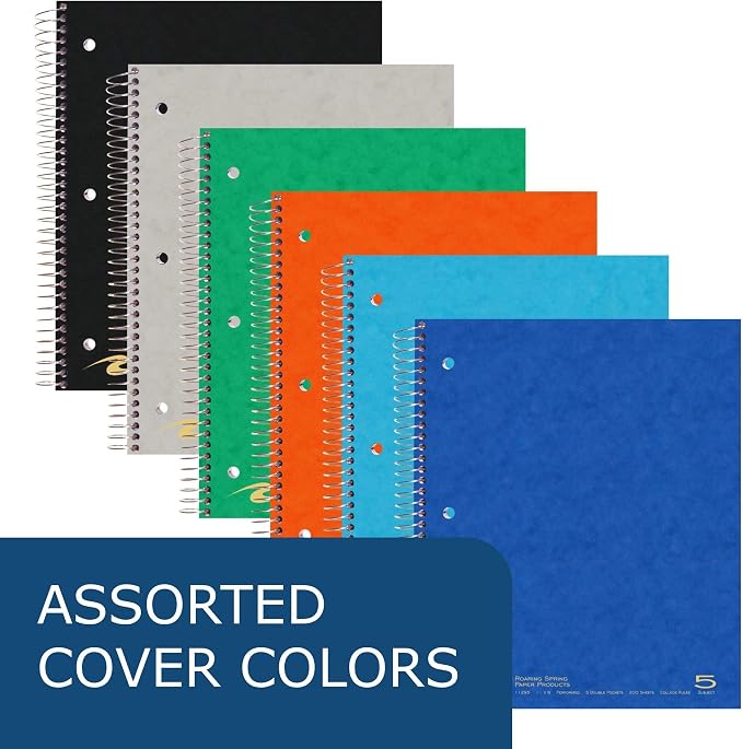 ROARING SPRING 5 Subject Spiral Notebook, 12 Pack, 11" x 9", College Ruled, 200 Perforated Sheets, Assorted Eco Press Covers, 5 Double Storage Pockets, Made in USA
