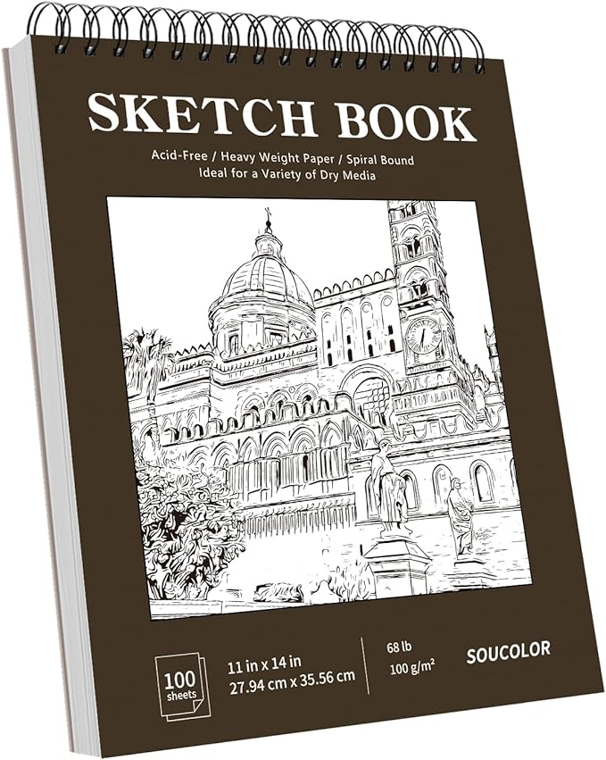 Soucolor 11" x 14" Large Sketchbook, 100 Sheets 68lb/100gsm Top Spiral Bound Sketch Book Pad, Acid Free Big Sketch Paper for Drawing, Illustration, Art Class