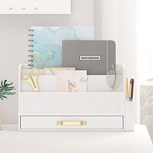 Wooden Desk Organizer,Desktop Organizer File Sorter for Office Supplies, Mail Organizer with Drawer,Desk Accessories & Workspace Organizers for Women （White）