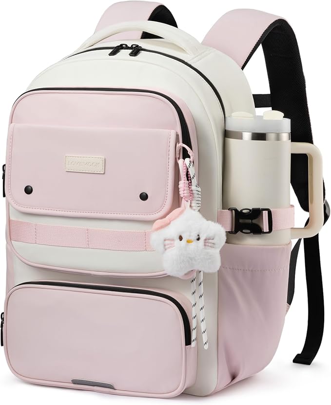 LOVEVOOK School Backpack for Teen Girl, Cute Bookbag with Large Bottle Holder, Lightweight Elementary Middle High School Student Backpack Fits 17.3 Inch Laptop, Back to Schools Kid Gift, Pink-Cream