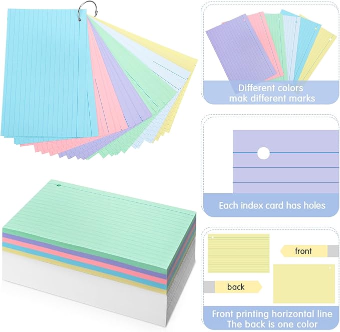Epakh 300 Pieces Lined Index Cards 180 GSM Thick Flash Cards with Rings Notecards Punched Back to School for Studying Adults Home College Office(5 x 8 Inch,Light Color)