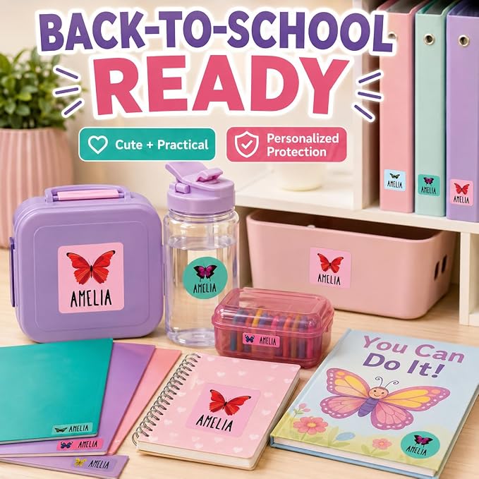 Andaz Press Custom Personalized Waterproof School Name Labels, Butterflies, 120-Pack, Kids Labels Combo Pack, Customizable Multi-Use Name Stickers for Preschool, Daycare, Back to School Supplies
