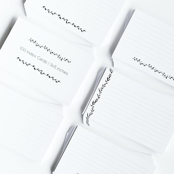 Leaf Garland Index Cards by Pure Print and Design | Floral Flash Cards Perfect For Study Sessions & Learning | 100 Cards of Premium Quality with 5 Different Designs | Black and White | 3x5 inches