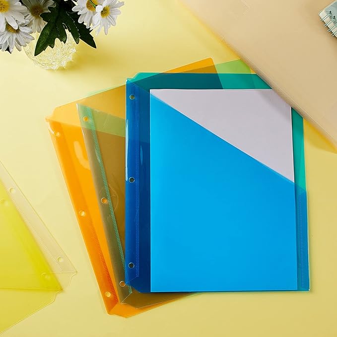 Maitys 5 Pack Binder Pockets 3 Hole Punch Clear Plastic Document Folders Binder Organizer Store Letter Size 8.5 x 11 Inch Paper Folders with Pockets Slash File Jacket for Office(Fresh Color)