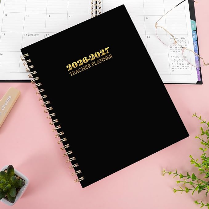 SKYDUE Teacher Planner 2026-2027 Academic Year, 8.5" x 11" Teacher Lesson Planner with Monthly Tabs & Stickers, Lesson Plan Book 26-27, Black