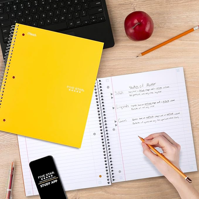 Five Star Spiral Notebook, 3 Subject, Wide Ruled, 150 Sheets | 10-1/2" x 8" Size | Harvest Yellow | Pack of 2 | Study App