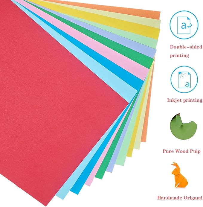 Colored Paper 8.5 x 11 Assorted Colored Copy Printer Paper, 10 Colors 20Ib Lightweight Colored Construction Paper for Cutting DIY Art Painting Drawing Origami Craft School Office Supplie
