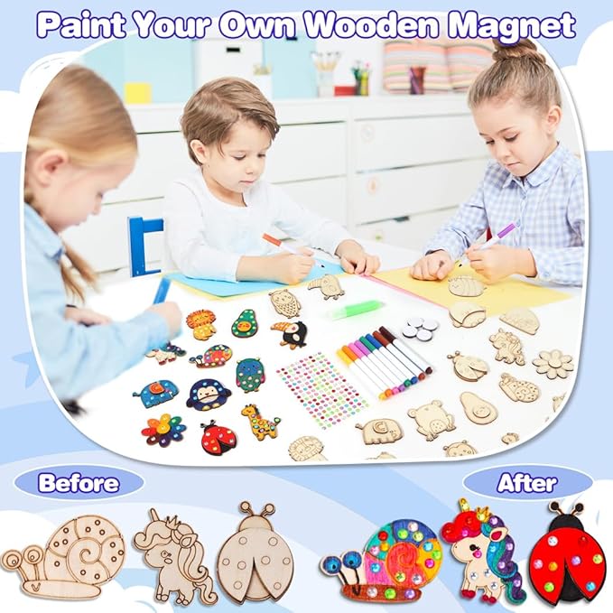 EAPHANT Kids Crafts, 15 PCS Kids Activities Arts and Crafts Painting Kits, Glow in The Dark Wooden Magnets to Paint