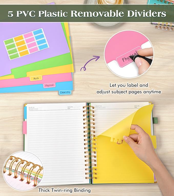 Spiral Notebook Journal with Removable Dividers Tabs, 300 Pages Hardcover Leather 5 Subject College Ruled Notebook, 8"x10" Large B5 Lined Journal for Women Men, Spiral Notebooks for Work School, Green