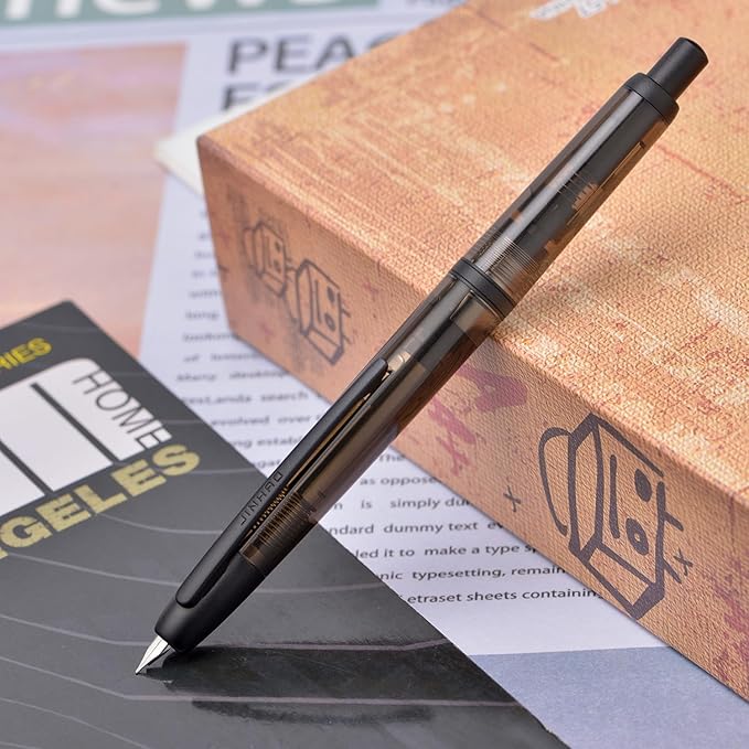 Jinhao 20 Press Fountain Pen, Transparent Black Retractable Extra Fine Nib with Ink Converter Set (Black Clip)