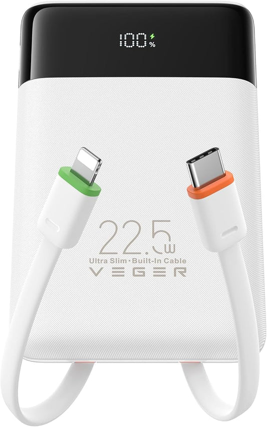 VEGER 22.5W Fast Charging Portable Charger, Slim 10000mAh Power Bank with Built-in Cables, Small USB C Battery Pack for iPhone iPad Samsung Galaxy Pixel LG Moto, Flight Safe, Travel Essential, White