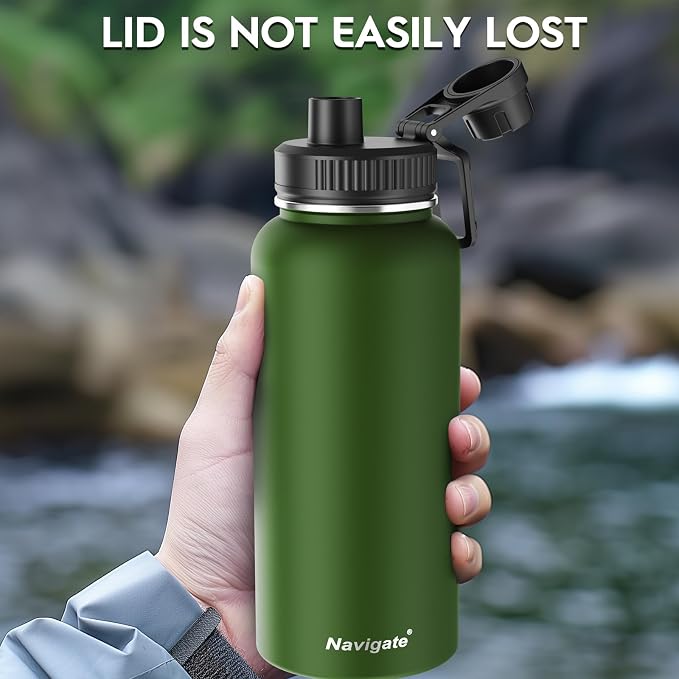 Navigate 32oz Insulated Water Bottle for Sports, Keep Cold 24H | 2-in-1 Spout and Handle Lids, Double Leak-Proof, 18/8 Stainless Steel, BPA-Free, Wide Mouth for Hiking,Dark Green