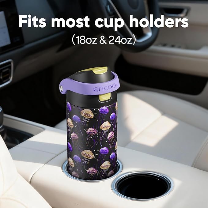 ENCOOL Leakproof Insulated Water Bottle with Straw Dual-Sip Water Bottle Bag-Safe Design for Work, Commute & Gym – Keeps Drinks Cold All Day, 24 oz, Neon Jellyfish